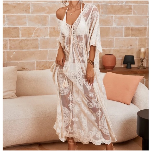 Boho Floral Embroidered Lace Beach Swim Cover up - Picture 5 of 5